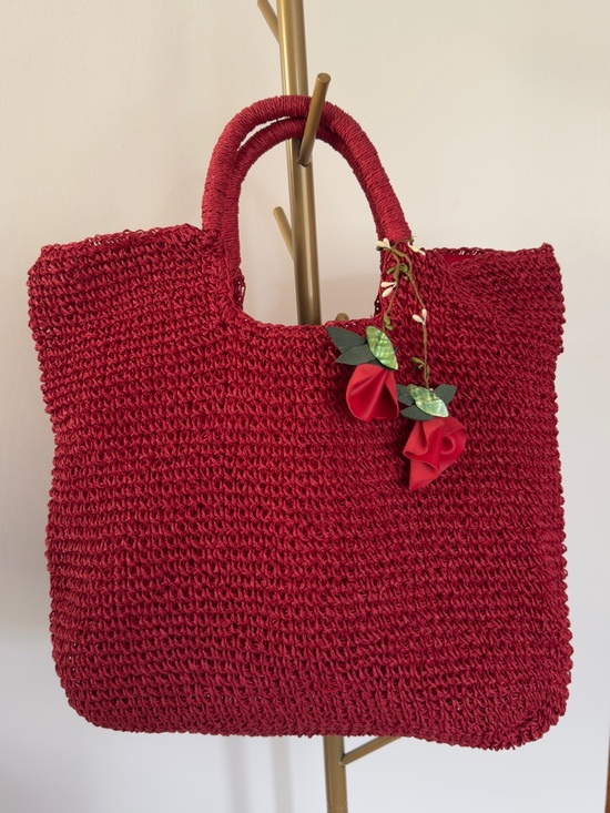 Topshop Handbags - Topshop Straw Crochet Tote Bag with Floral Charm - Red